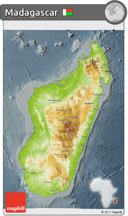 Physical 3D Map of Madagascar, darken, semi-desaturated