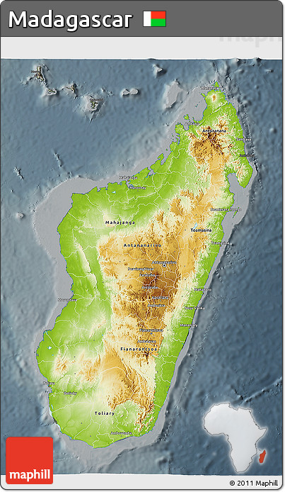 Physical 3D Map of Madagascar, darken, semi-desaturated