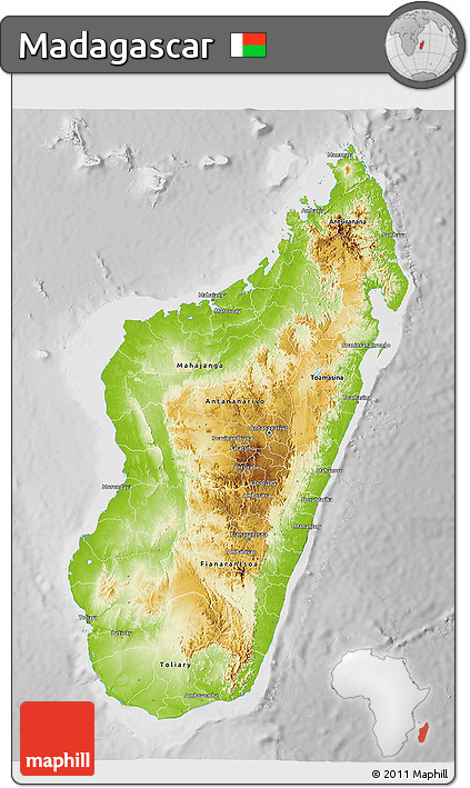 Physical 3D Map of Madagascar, lighten, desaturated