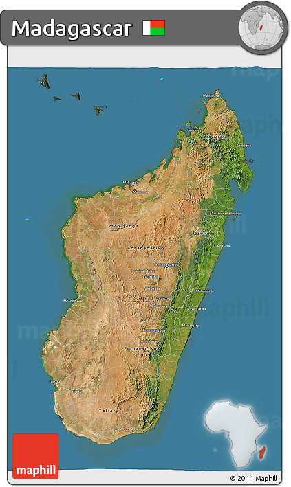 Satellite 3D Map of Madagascar, darken, land only
