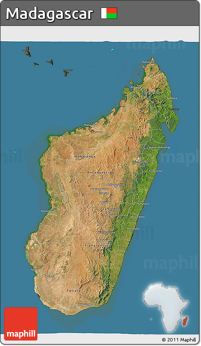 Satellite 3D Map of Madagascar, darken, land only