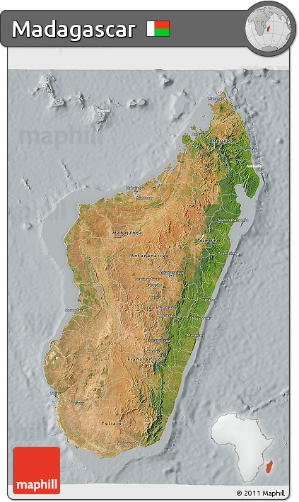 Satellite 3D Map of Madagascar, lighten, semi-desaturated