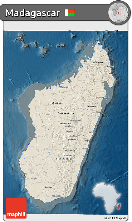 Shaded Relief 3D Map of Madagascar, darken