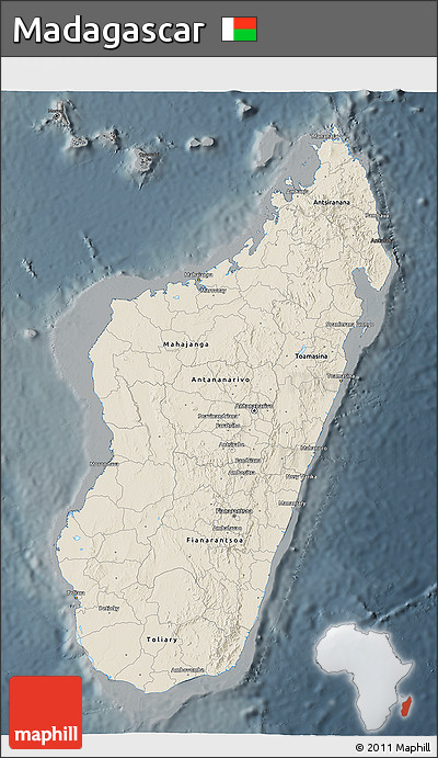 Shaded Relief 3D Map of Madagascar, darken, semi-desaturated