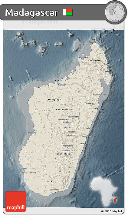 Shaded Relief 3D Map of Madagascar, darken, semi-desaturated