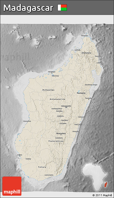 Shaded Relief 3D Map of Madagascar, desaturated