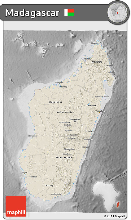 Shaded Relief 3D Map of Madagascar, desaturated