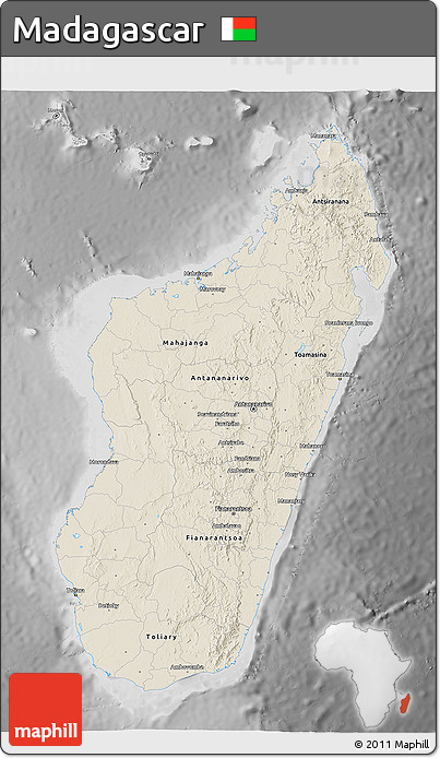 Shaded Relief 3D Map of Madagascar, desaturated
