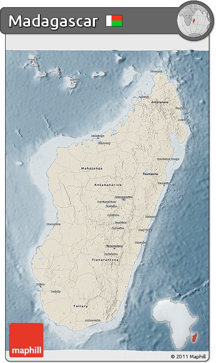 Shaded Relief 3D Map of Madagascar, semi-desaturated
