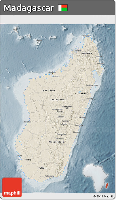 Shaded Relief 3D Map of Madagascar, semi-desaturated