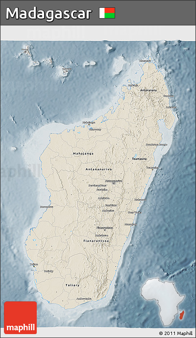 Shaded Relief 3D Map of Madagascar, semi-desaturated