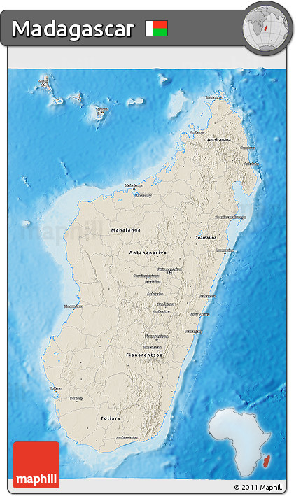 Shaded Relief 3D Map of Madagascar, semi-desaturated, land only