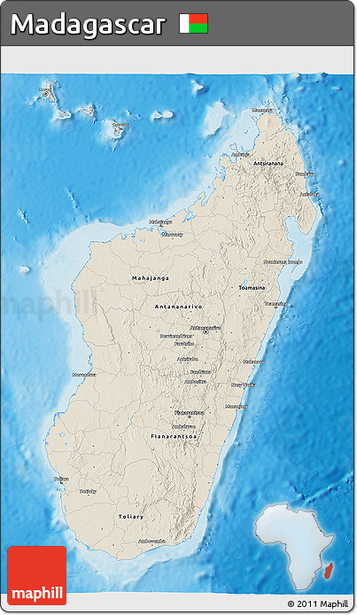 Shaded Relief 3D Map of Madagascar, semi-desaturated, land only