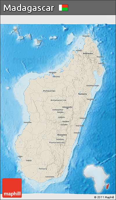 Shaded Relief 3D Map of Madagascar, semi-desaturated, land only