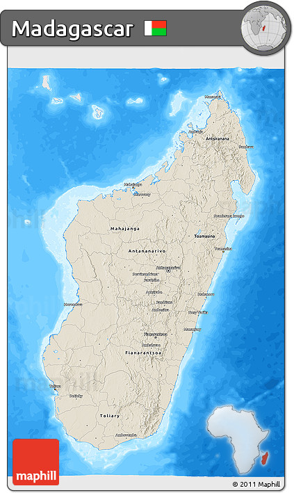 Shaded Relief 3D Map of Madagascar, single color outside, bathymetry sea