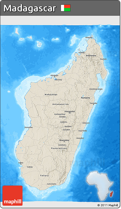 Shaded Relief 3D Map of Madagascar, single color outside, bathymetry sea
