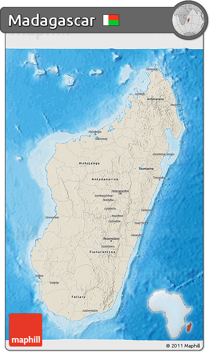 Shaded Relief 3D Map of Madagascar, single color outside, bathymetry sea, shaded relief sea