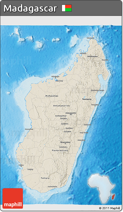 Shaded Relief 3D Map of Madagascar, single color outside