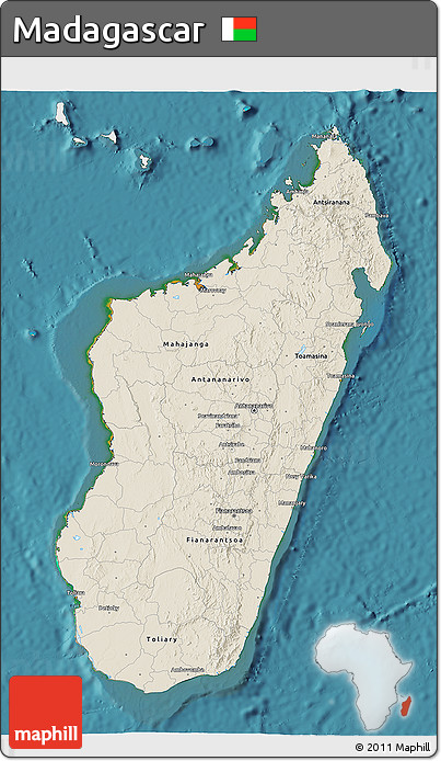 Shaded Relief 3D Map of Madagascar, single color outside, satellite sea