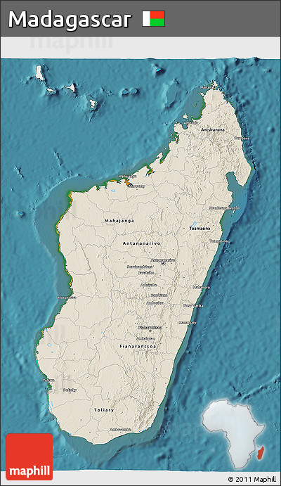 Shaded Relief 3D Map of Madagascar, single color outside, satellite sea