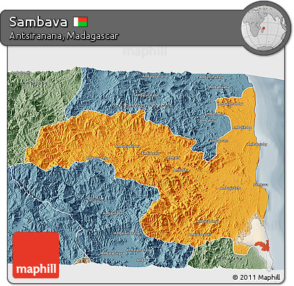 Political 3D Map of Sambava, semi-desaturated