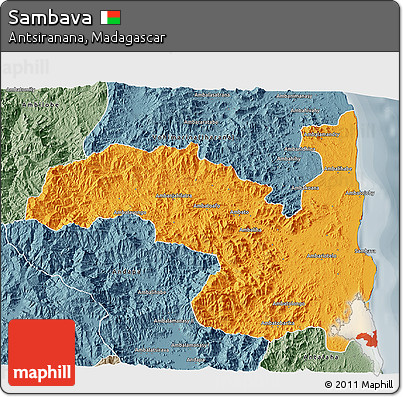 Political 3D Map of Sambava, semi-desaturated