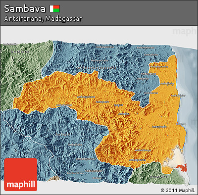 Political 3D Map of Sambava, semi-desaturated