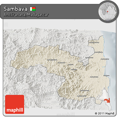 Shaded Relief 3D Map of Sambava, lighten, semi-desaturated