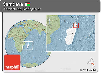 Savanna Style Location Map of Sambava, highlighted country, within the entire country, hill shading