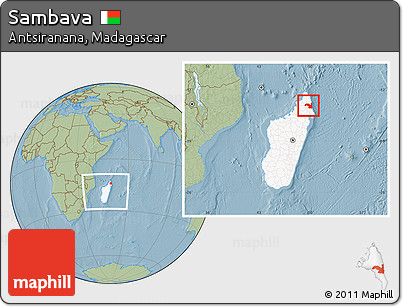 Savanna Style Location Map of Sambava, highlighted country, within the entire country, hill shading