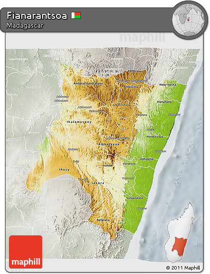 Physical 3D Map of Fianarantsoa, lighten, semi-desaturated