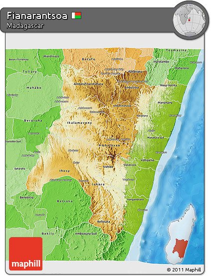 Physical 3D Map of Fianarantsoa, political shades outside