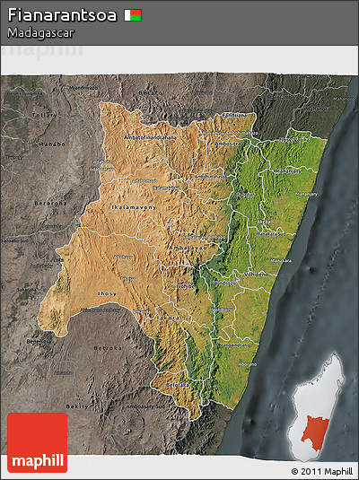 Satellite 3D Map of Fianarantsoa, darken, semi-desaturated