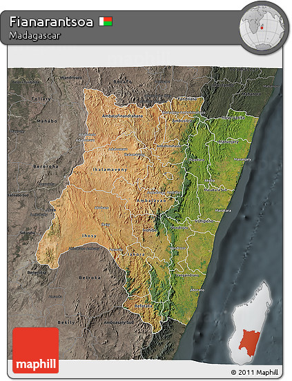 Satellite 3D Map of Fianarantsoa, darken, semi-desaturated