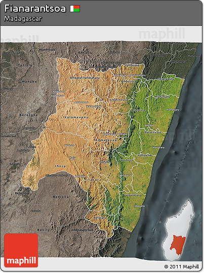 Satellite 3D Map of Fianarantsoa, darken, semi-desaturated