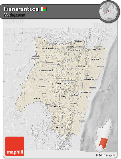 Shaded Relief 3D Map of Fianarantsoa, lighten, desaturated