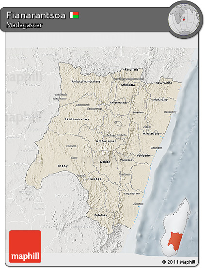 Shaded Relief 3D Map of Fianarantsoa, lighten, semi-desaturated