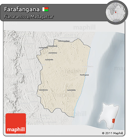 Shaded Relief 3D Map of Farafangana, lighten, semi-desaturated