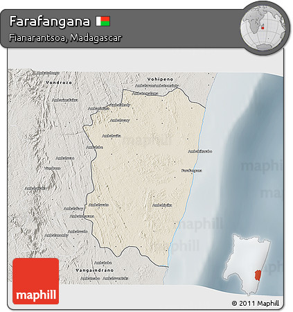 Shaded Relief 3D Map of Farafangana, semi-desaturated