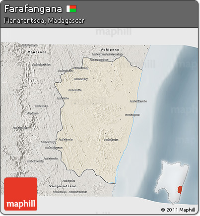 Shaded Relief 3D Map of Farafangana, semi-desaturated