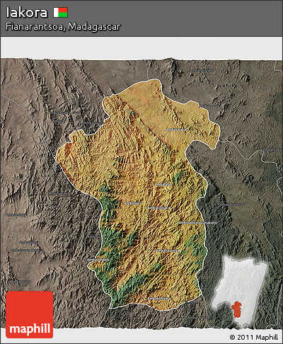 Satellite 3D Map of Iakora, darken, semi-desaturated