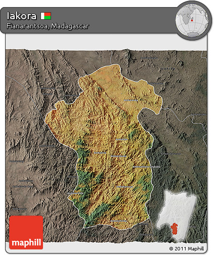 Satellite 3D Map of Iakora, darken, semi-desaturated