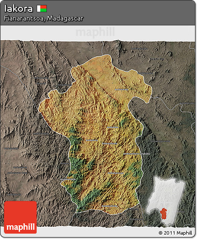 Satellite 3D Map of Iakora, darken, semi-desaturated