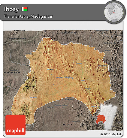Satellite 3D Map of Ihosy, darken, semi-desaturated