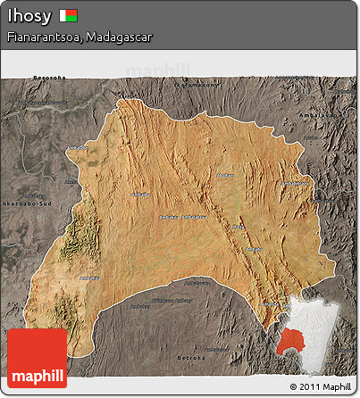 Satellite 3D Map of Ihosy, darken, semi-desaturated
