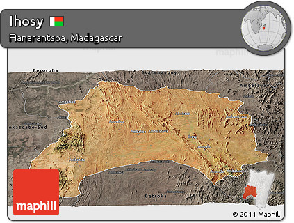 Satellite Panoramic Map of Ihosy, darken, semi-desaturated