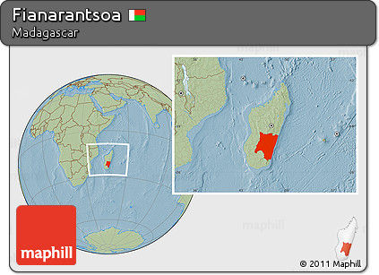 Savanna Style Location Map of Fianarantsoa, within the entire country, hill shading
