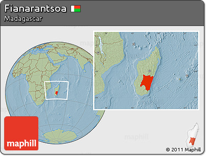 Savanna Style Location Map of Fianarantsoa, within the entire country, hill shading