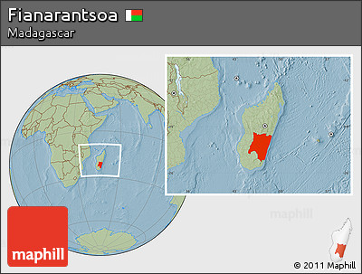 Savanna Style Location Map of Fianarantsoa, within the entire country, hill shading