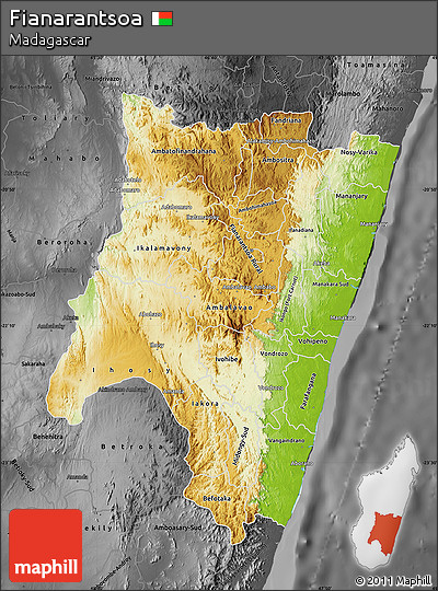 Physical Map of Fianarantsoa, darken, desaturated
